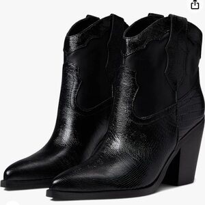 Marc Fisher LTD Black Embossed Gona Leather Pull on Western Boot Pointy …